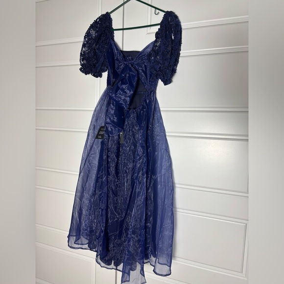 Lulus Significant Splendor Navy Organza Pleated Puff Sleeve Midi Dress size S - Picture 6 of 8